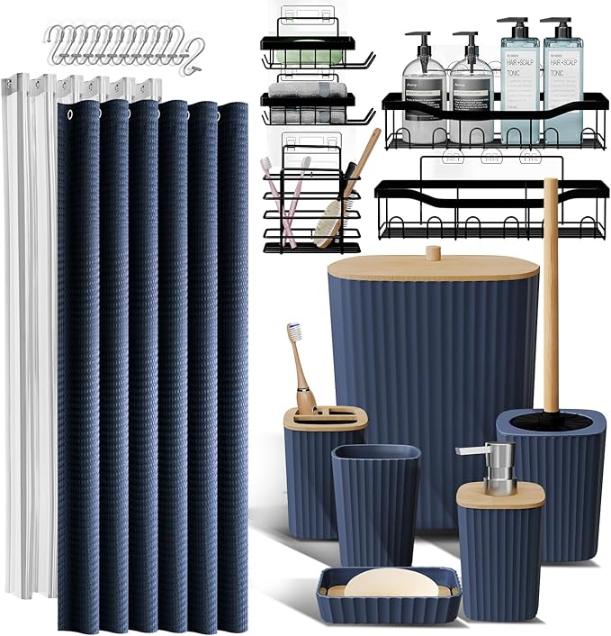 Shower Caddy and Bathroom Accessories Set, 25PC Bathroom Accessory Set with Shower Shelf Caddy for Bathroom Storage, Navy Shower Curtain Set, Toilet Brush, Trash Can, Soap Dispenser, Toothbrush holder