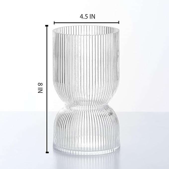 7.5 Inch Glass Hourglass Vase - Clear Ribbed Bud Flower Vases for Floating Candles, Centerpieces, Wedding Reception Decor - Hurricane Candle Holder for Home Decor, Housewarming Gift
