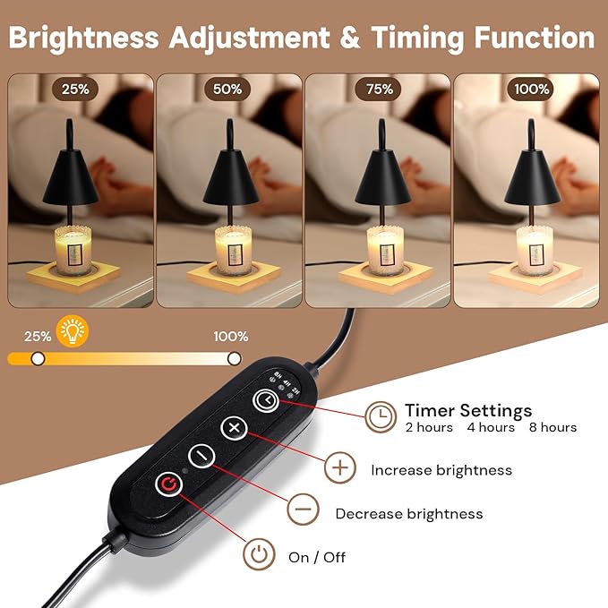 Candle Warmer Lamp, Dimmable Candle Warmer Lamp for Jar Candles, Electric Candle Warmer Lamp with Timer 2H/4H/8H Nightstand Lamp for Bedroom (2 Wax Warmer Bulbs)