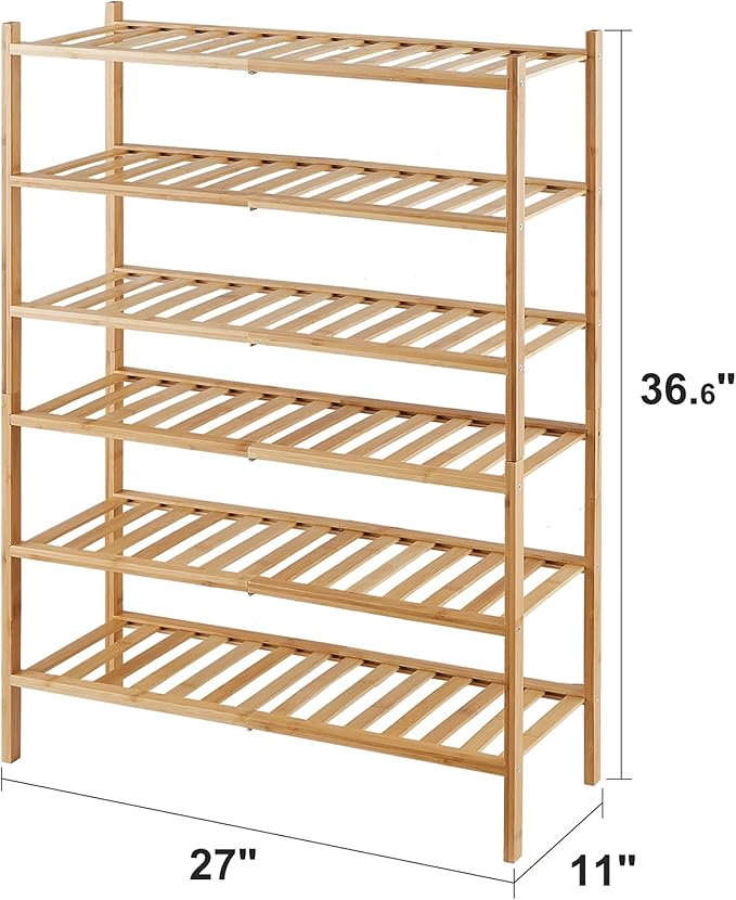 6-Tier Bamboo Shoe Rack for Entryway, Stackable | Foldable | Natural, Shoe Organizer for Hallway Closet, Free Standing Shoe Racks for Indoor Outdoor