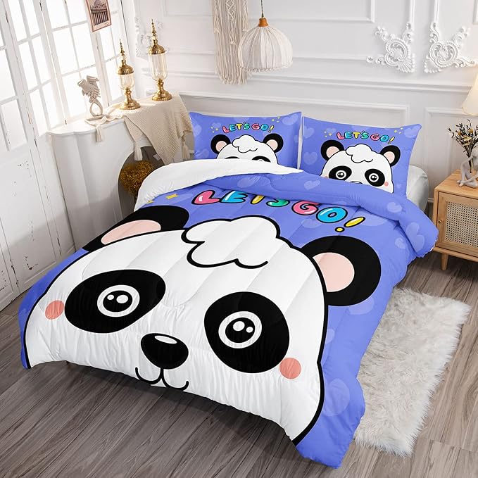 Panda Comforter Bedding Set for Boys Girls Kids Teens, Cartoon Blue Heart Kawaii Animal Theme With 1 Comforter and 2 Pillowcases (Full)