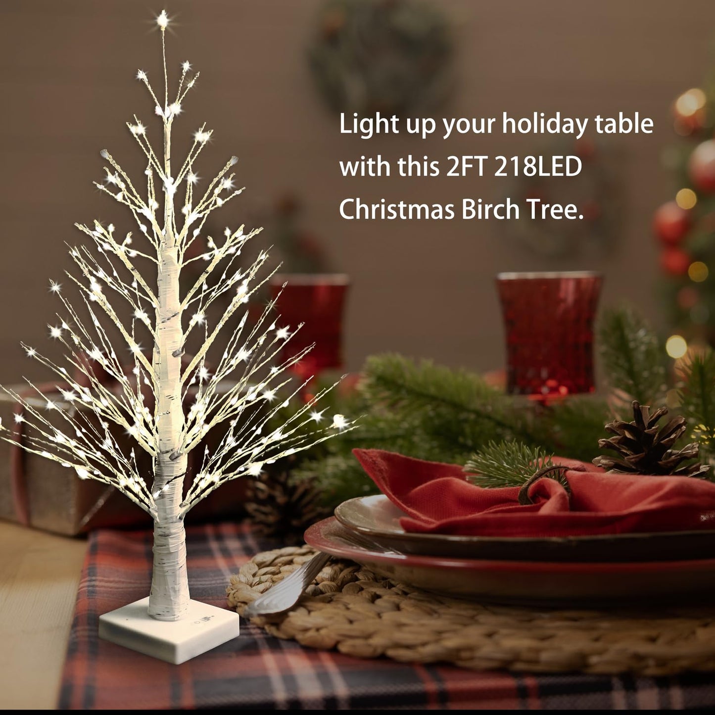 2FT Lighted Birch Tree with Warm LED Lights, Tabletop Christmas Tree, Mini Birch Tree with 218 LED Light, Battery & USB Powered Small Christmas Tree for Holiday Decoration