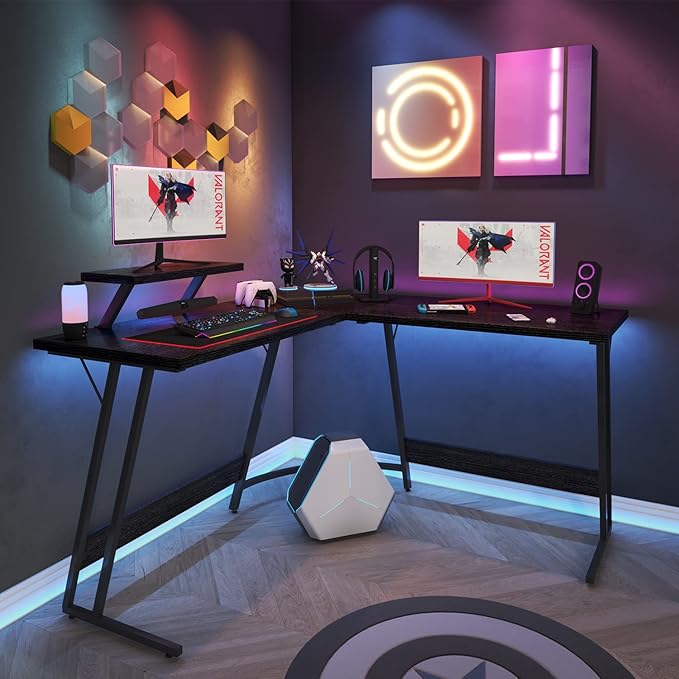 Homall L Shaped Gaming Desk Computer Corner Desk PC Gaming Desk Table with Large Monitor Riser Stand for Home Office Sturdy Writing Workstation (Classical Black, 51 Inch)