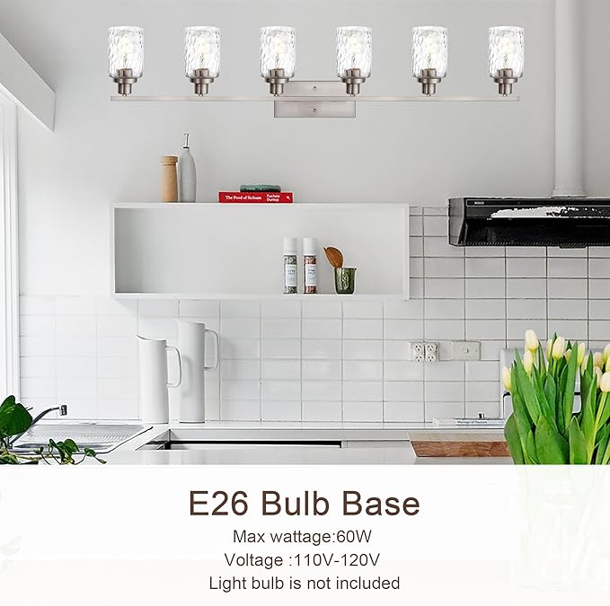 MELUCEE 6-Light Bathroom Vanity Light Brushed Nickel Finish with Clear Hammered Glass Shade, Industrial Wall Light Fixtures for Bath Mirror Bedroom Dressing Table (Patent No.: US D963914 S)