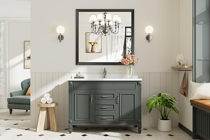 40x38 Inch Black Bathroom Mirror for Wall, Thick Metal Framed Rectangle Mirrors for Over Sink, Bedroom, Living Room, Entryway, Anti-Rust, HD Tempered Glass