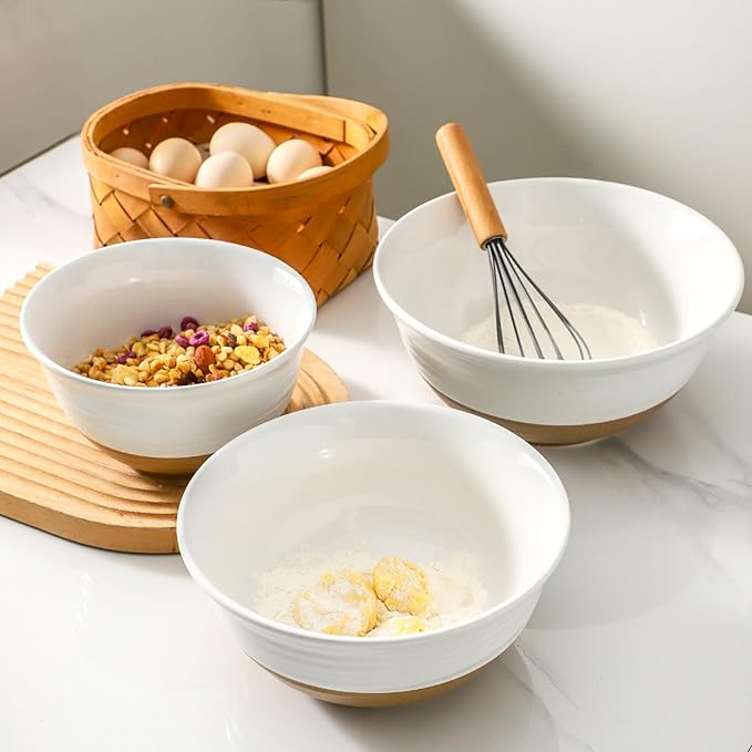 Ceramic Mixing Bowls,Large Serving Bowls 2.1/1.5/1.0 Qt,Salad Bowls Set of 3 for Kitchen Space Saving Storage,Nesting Bowls for Cooking,Popcorn,Soup,Fruit, Microwave & Dishwasher Safe,White