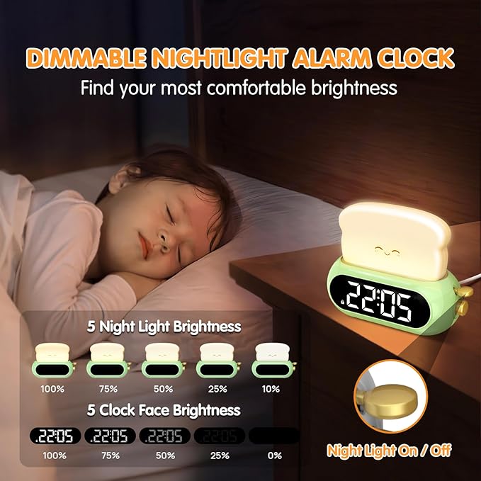 Kids Alarm Clocks for Bedroom, Cute Digital Clock with Night Light, 10 Ringtones, 10 Volumes, Nap Timer, Brightness Dimmer, Snooze, Bedside Alarm Clocks for Boys Girls Teens Birthday Gift, Plug-in Use