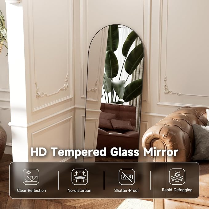 Arched Full Length Mirror 64"x21", Black Tempered Glass Wall Hanging Mounted Body Length Mirrors with Stand, Large Floor Aluminum Alloy Thin Frame
