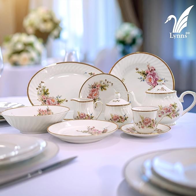 Lynns Paradise Timeless Rose 9-Inch Big Bowl, Set of 3, Pink; 24K Gold Trim, Embossed Swirl, Colorful Floral Print, Porcelain