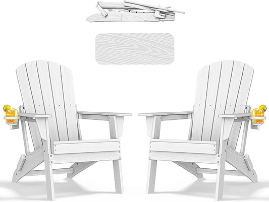 nevilywood Folding Adirondack Chair - Extended Ergonomic Backrest, Cup Holder - Easy Assembly - Durable HDPE Plastic, Weather Resistant & Maintenance-Free - Lawn, Patio, Deck Supports 380lbs White