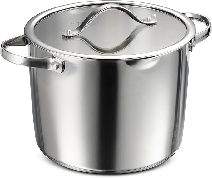 Tramontina Tempo Tri-Ply Base Stainless Steel 8-Quart Stock Pot with Glass Lid, Induction-Ready Pasta Pot, Oven-Safe, Dishwasher-Safe