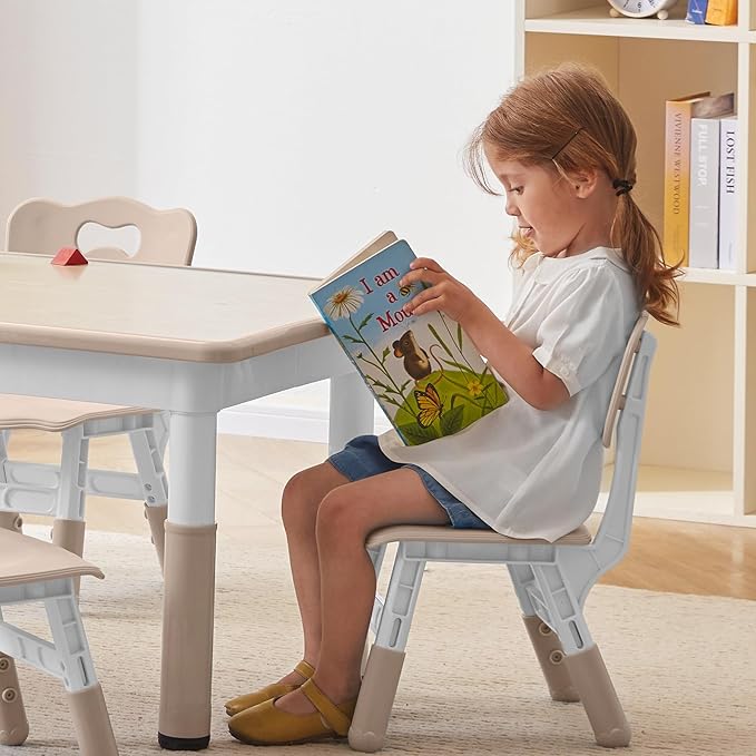 Height-Adjustable Kids Table and 4 Chairs Set, Toddler Table and Chair Set with Graffiti Desktop, 31.5''L x 23.6''W Children Activity Table for Daycare, Classroom, Home