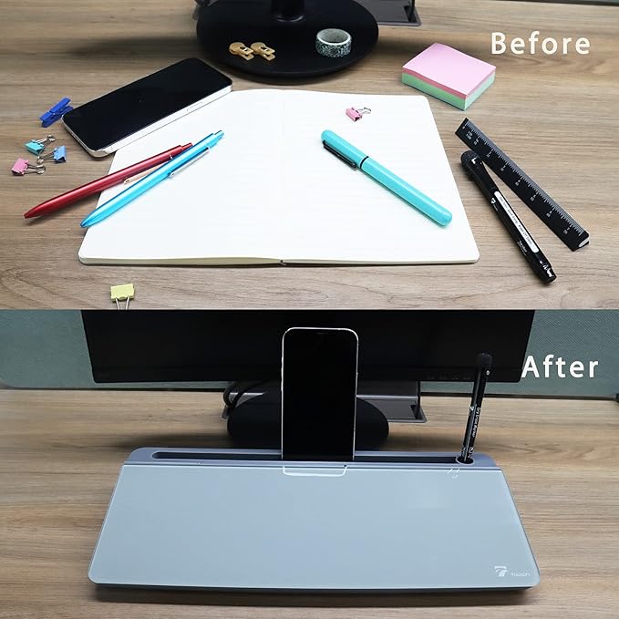 TOWON Small Tilted Desktop Glass Whiteboard, Notepad Computer Keyboard Stand with Dry Erase Board Surface, Desk Organizers with Accessories for Office, Home, School Supplies, Gray, 17 x 6 Inches