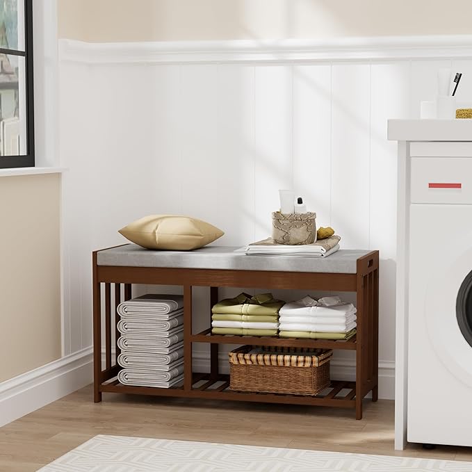 3-Tier Bamboo Shoe Rack Bench, Shoe Storage Organizer Bench, Entryway Benchs, Shoes Rack for Front Door Entrance, Entryway Bathroom Bedroom