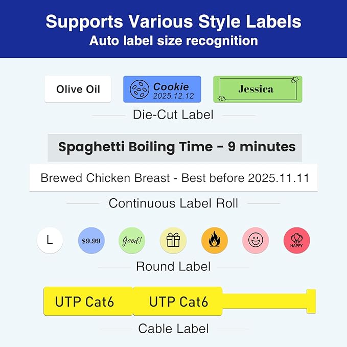 SUPVAN E11 Bluetooth Label Maker Machine with 4 Tapes, Support Keyboard & App with 40 Fonts and 450+ Icons, Rechargeable Inkless Labeler for Home, Kitchen, Office, School Organization, Black