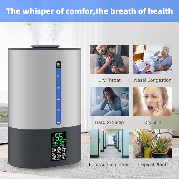6L Humidifiers for Bedroom Large Room Home, Cool and Warm Humidifiers for Baby and Plants Mist Top Fill Desk Humidifiers Essential Oil Diffuser, Quiet with Adjustable Mist,360°Nozzle-Grey