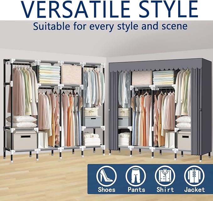 LOKEME Portable Closet, 67 Inch Wardrobe Closet for Hanging Clothes with 4 Hanging Rods, 25mm Steel Tube Clothes Storage Organizer for Extra Sturdy, Quick and Easy to Assembly, Gray Cover