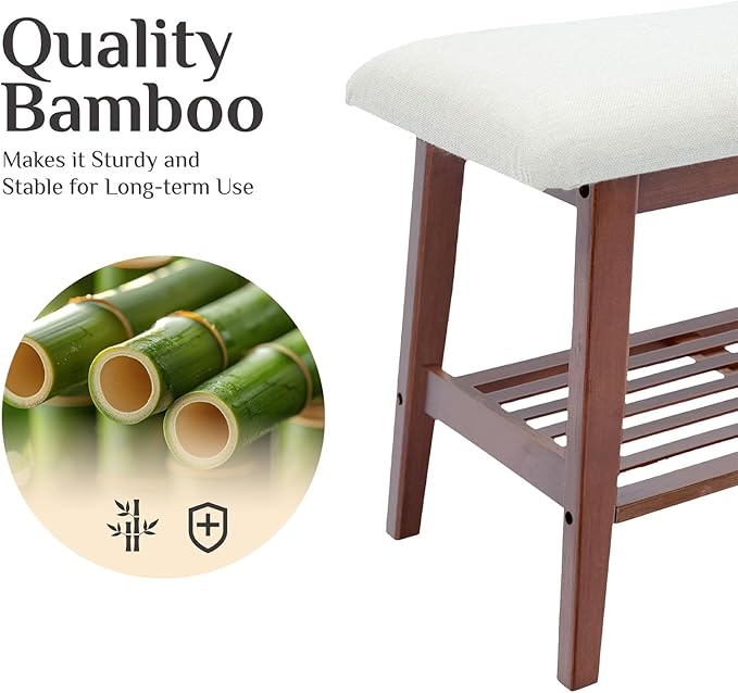 Entryway Shoe Bench, 35.4" Bamboo Bench for Bedroom End of Bed, 2-Tier Shoe Rack with Cushion Padded Seat, Shoe Organizer Stable for Entry Hallway Living Room Bedroom, 35.4"W x11.2"D x 17.7"H