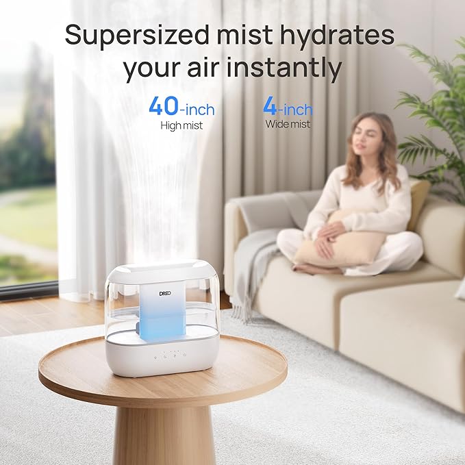 Dreo Humidifiers for Bedroom, Top Fill 4L Supersized Cool Mist Humidifier, 36H Runtime, 28 dB Quiet Ultrasonic Air Humidifier for Large Room, Plants, Baby Nursery, Indoor, Night Light, Easy to Clean