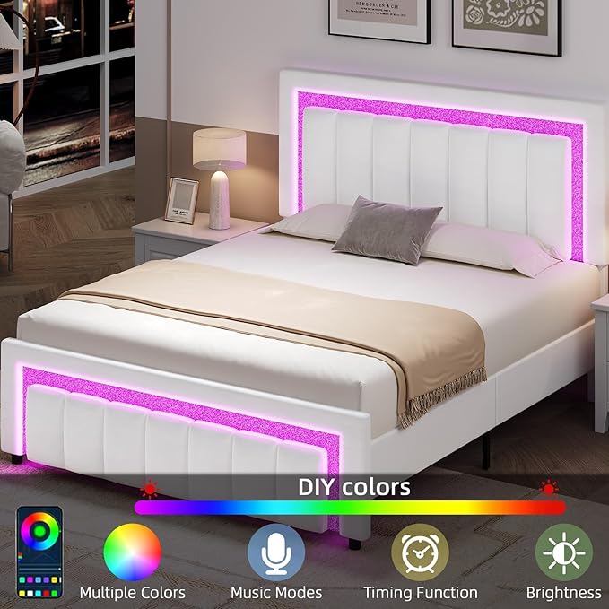 HOMBCK Full Size Bed Frame with LED Lights and Velvet Upholstered Headboard, Bed Frame Full with Modern Diamond Headboard Adjustable, Wooden Slats Support, Noise Free, No Box Spring Needed, White