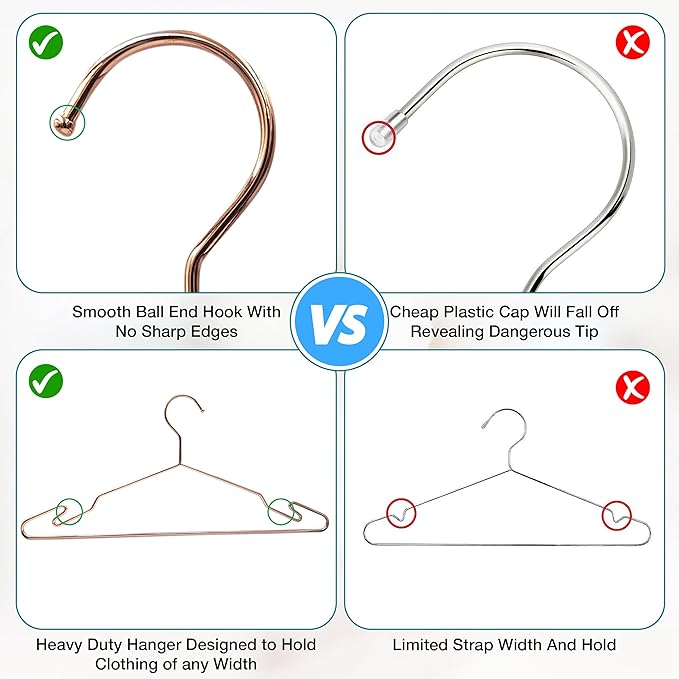 Luxurious Hanger Set Premium Metal Hangers with Unique Hook Design Durable & Sturdy Coat Hangers 3.2mm Thick Withstands 15lbs Weight Smooth Finish Compact Shirt Hangers - 20 Pack Rose Gold