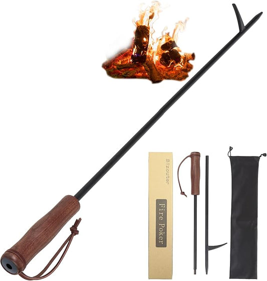 Fire Poker 34inch 2 in 1 Foldable Fire Poker & Blow Stick Fireplace Tool with Wooden Ergonomic Handle, Portable Fire Pit Poker for Campfire,Wood Burning Stove & BBQ
