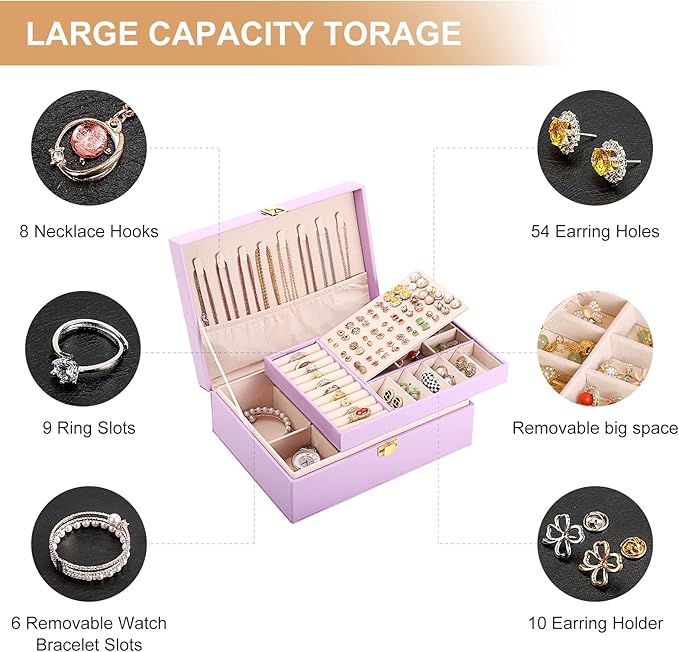 Jewelry Box for Girls Women Leather Jewelry Organizer with Lock Double Layers Jewelry Storage Case Removable Tray for Necklace Earring Ring with Polishing Cloth and Jewelry Bags, Home Decor Gifts