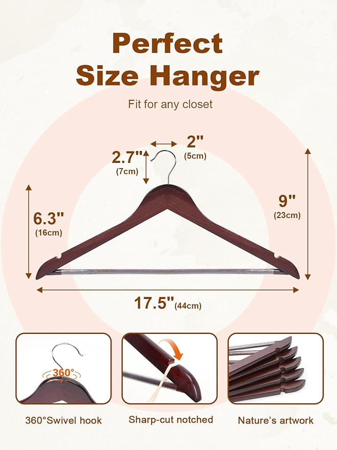 HOUSE DAY Cherry Wooden Hangers 30 Pack, Solid Wood Hanger with Non Slip Pant Bar, Heavy Duty Wooden Coat Hanger for Closet, Smooth Finish Wood Clothes Hangers for Shirts, Suits, Jackets, Dress