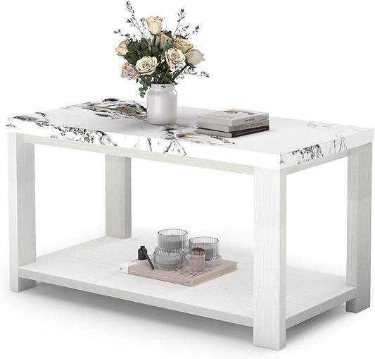 Coffee Table 40" Faux Marble White Oak 2-Tier Rectangle Thickened Modern Wooden Center Table for Living Room, Conference Room, Small Space Home Furniture (Classic White Oak)