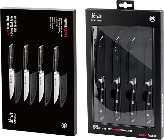 Cangshan ALPS Series 502780 German Steel Forged 4-Piece Steak Knife Set with Sheaths, Black