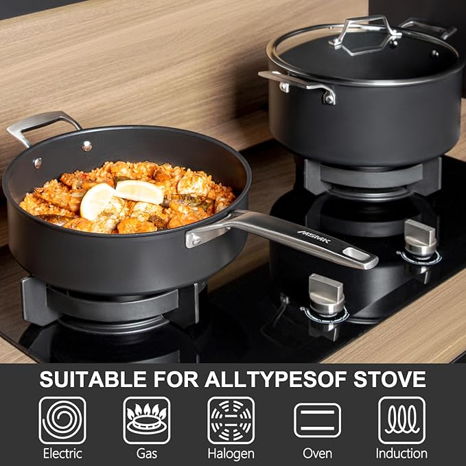 MsMk 5QT saute pan with Glass Lid, 11in Nonstick Deep Frying pans, Lasting Non stick, Oven safe to 700°F, Induction pots, Durable PFOA Free Non-Toxic