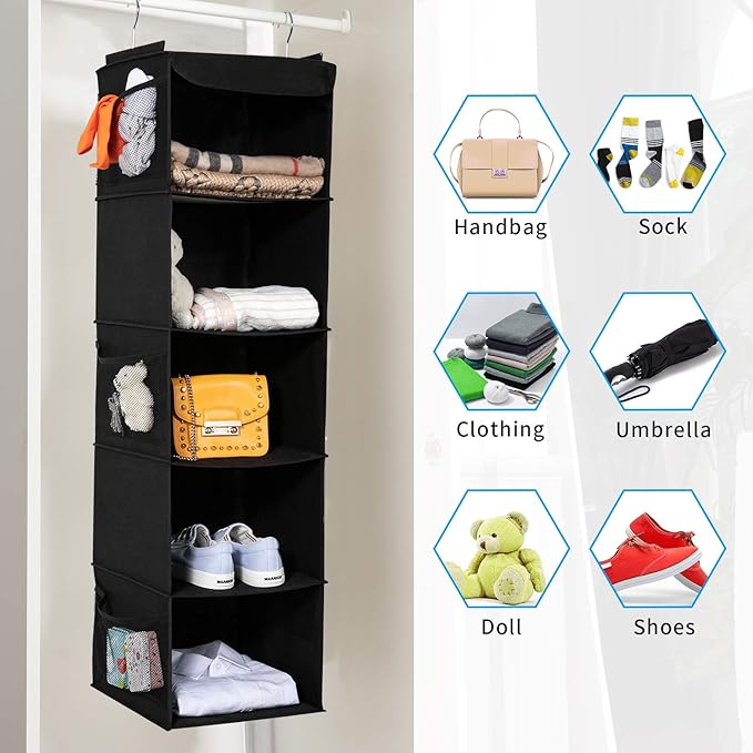 2 Pack Hanging Closet Organizer, 5 Shelves Hanging Storage with 6 Side Pockets for Clothes Shoes, 43"x12"x12"(Black)