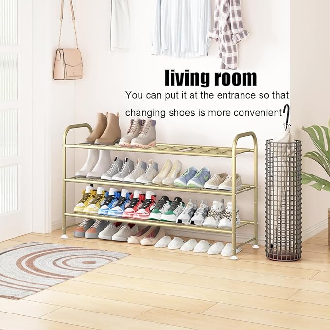 LINZINAR Shoe Rack Long 3 Tier Shoe Storage Organizer Metal Wide Shoe Shelf for Closet Entryway Bedroom 24 Paris Large Capacity, Gold