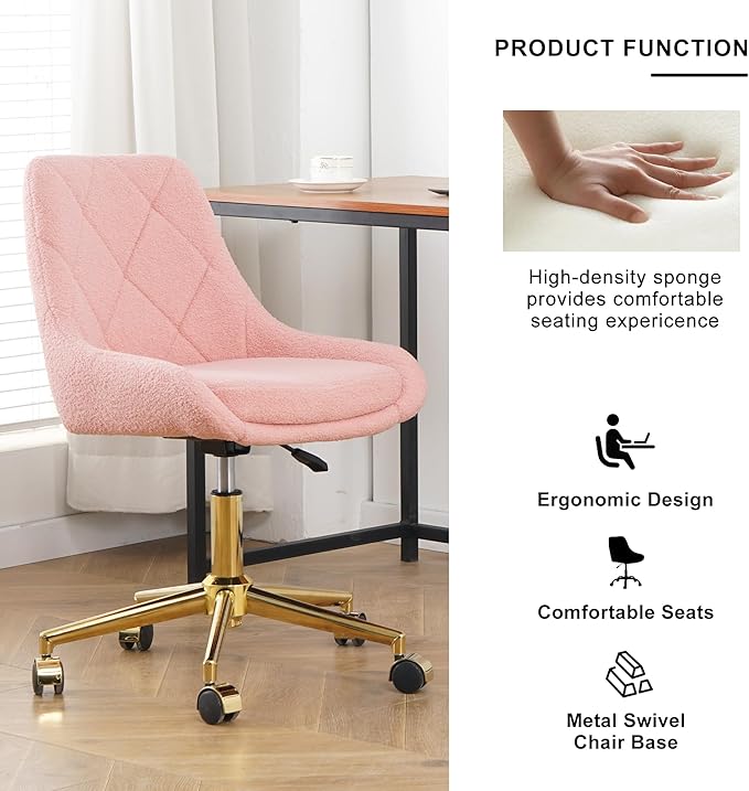 Furnimart 360° Swivel Rolling Desk Chair, Height Adjustable Vanity Chair with Gold Legs, Pink Cute Task Chair with Wheels for Dorm Bedroom Studying Small Places (Teddy Pink)
