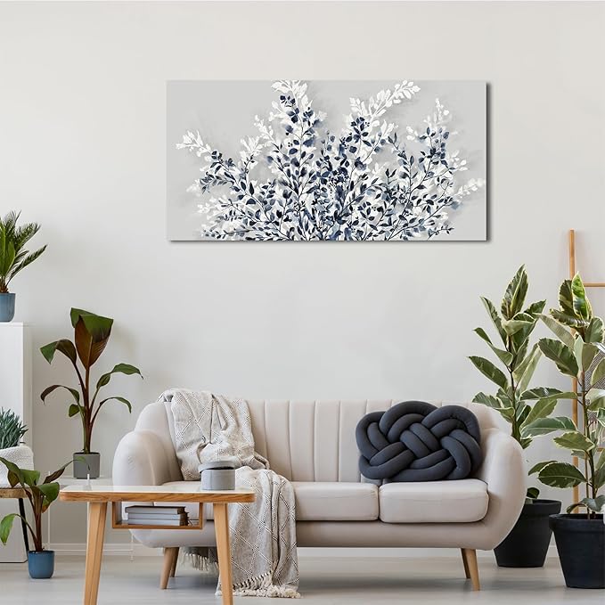 NINEASO Botanical Flowers Wall Art - Indigo Blue and White Floral Canvas Pictures Spring Blooming Painting Gray Background Printing Artwork Living Room Bedroom Home Office Wall Decor 20" x 40"