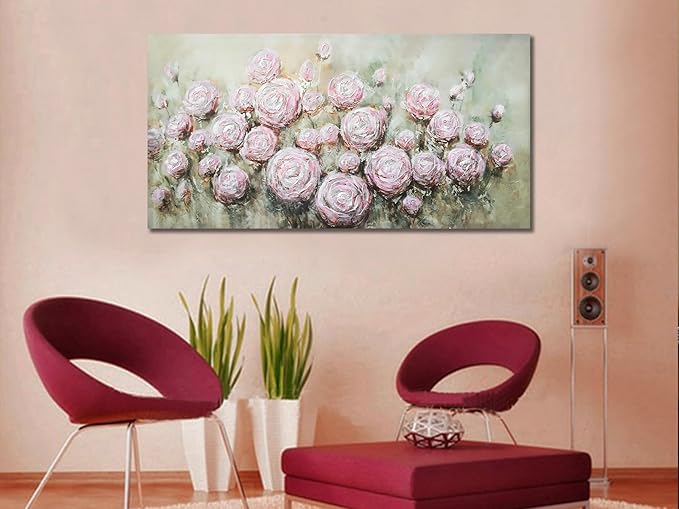Arjun Pink Rose Wall Art Flower Canvas Painting 3D Textured Floral Silver Grey Artwork Modern Abstract Petals Tranquil Framed Large for Living Room Bedroom Bathroom Home Office Wall Decor, 40"x20"
