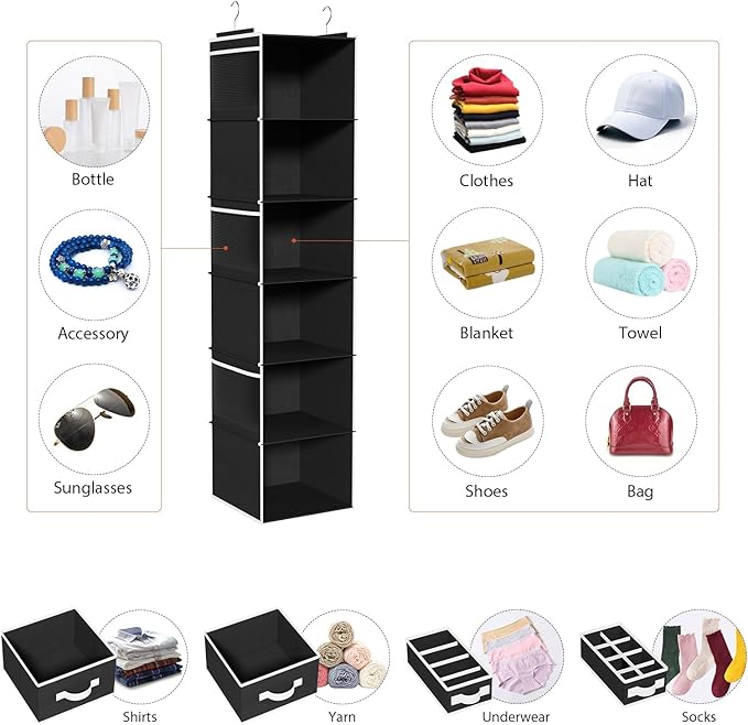 Univivi 6 Shelf Hanging Closet Organizer and Storage with 4 Removable Drawers & 6 Side Pockets,Wardrobe Clothes Organizer,Closet Hanging Shelves,Hanging Storage Organizer,Foldable
