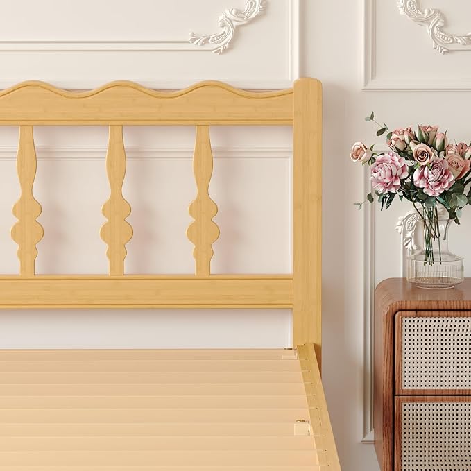 Bamboo King Bed Frame with Headboard, 14 inch Solid Wood Platform Bed Frames King Size with Metal Slats, No Box Spring Needed, Easy Assembly, Noise Free
