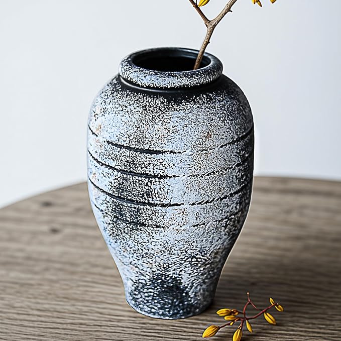 Antique Black Ceramic Flower Vase for Living Room Bedroom 9.06'' Farmhouse Decor for Bouquet Fake Plant Home Decor Office Table Shelf Fireplace Centerpieces Rustic Retro Vintage Classic Modern