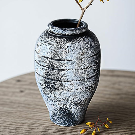 Antique Black Ceramic Flower Vase for Living Room Bedroom 9.06'' Farmhouse Decor for Bouquet Fake Plant Home Decor Office Table Shelf Fireplace Centerpieces Rustic Retro Vintage Classic Modern