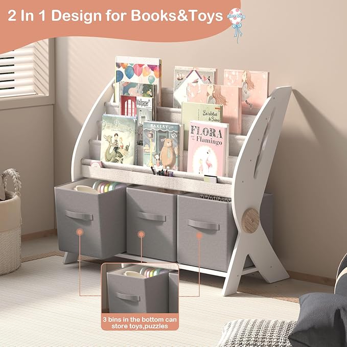 Kids Bookshelf Small 4 Sling Wood Book Rack Kids Room Bookcase Display Stand with 3 Toy Storage Organizer Cube Bins Children Toddler Baby Gift Boys Girls Bedroom Playroom Nursery