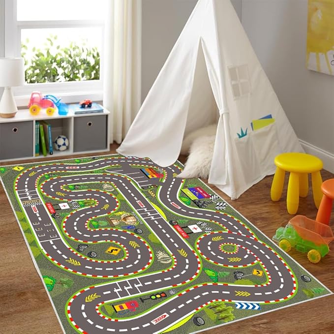 Kids Rug, Race Track Playmat Rugs 47×31 in Kids Carpet with Rubber Backing, Start and Finish line Racing Track Marking Car Road Race 3D Play Mat Nursery Rugs for Children Bedroom Playroom