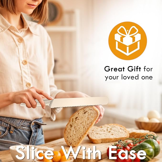 8-Inch Kitchen Essential Serrated Bread Knife, Steel Seamless Handle