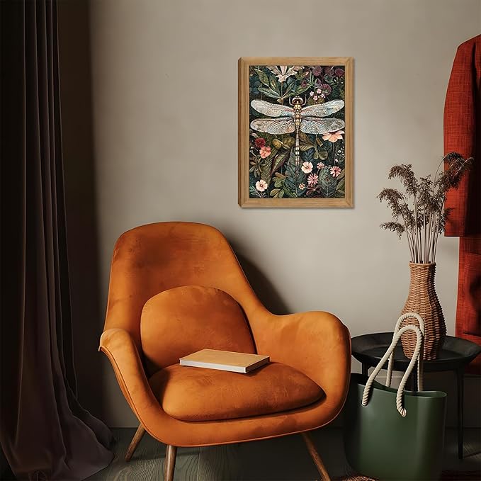 Framed Vintage 3D Textured Wall Art - Dark Green Dragonfly Flowers Wall Decor - Hand Drawn Sandstone Nature Botanical Pictures for Living Room Bedroom Home Decor 16x24in