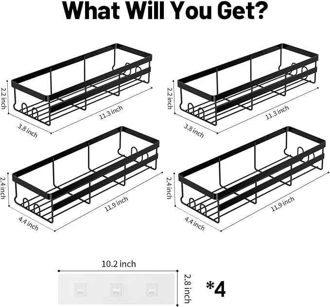 WOWBOX Shower Caddies 4 Pack - Adhesive Hanging Shower Shelf - Bathroom Organizers and Storage, No Drilling Stainless Shower Shelves for Home Decor, Bathroom Accessories