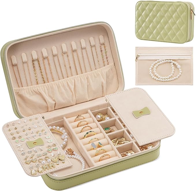 Lolalet Travel Jewelry Case for Women, Travel Jewelry Organizer Box with Mirror & Clear Storage Bag, Small Portable Traveling Earring Necklace Bracelet Ring Case, Bridesmaid Gifts -Medium, Green