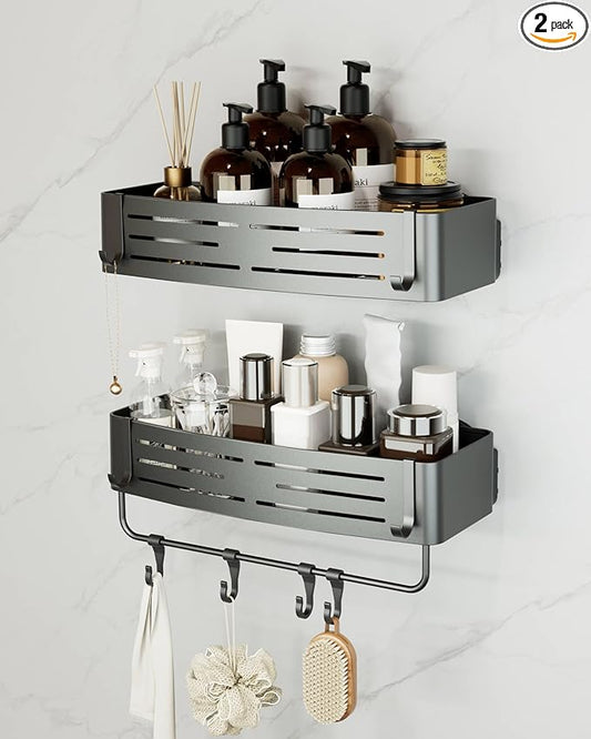 Onemake Shower Caddies Suction Cup, 2-Pack Removable Bathroom Shelf, Shower Organizer with 12 Portable Hooks, Shower Caddy Corner Waterproof Holder with Towel Bar, Gray