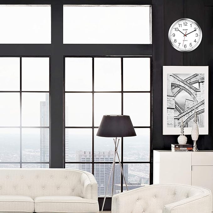 Sharp Wall Clock – Silver/Chrome, Silent Non Ticking 12 Inch Quality Quartz Battery Operated Round Easy to Read Home/Kitchen/Office/Classroom/School Clocks, Sweep Movement