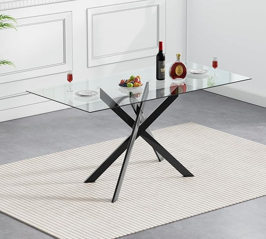 51.18" Glass Dining Table for 4-6, Dining Room Table with Black Tempered Glass and Black Metal Legs, Modern Rectangular Kitchen and Dining Room Dinner Table for Kitchen