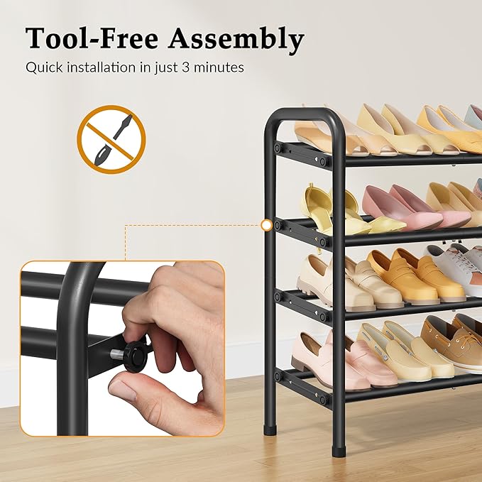 4 Tier Shoe Rack for Closet,Shoe Organizer, 28“ Metal Shelf Can Expandable to 42“, for Bedroom, Entryway, Living Room, Garage, Adjustable to 24 Pairs Shoes, Black